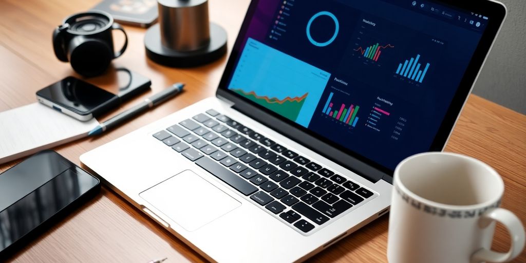 Laptop with digital marketing dashboard on a wooden desk.