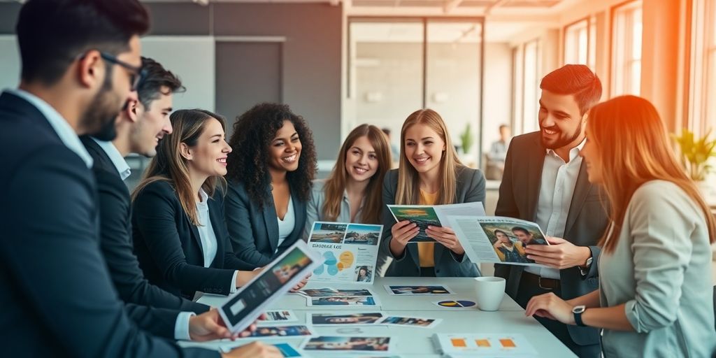Diverse professionals collaborating with promotional materials in an office.
