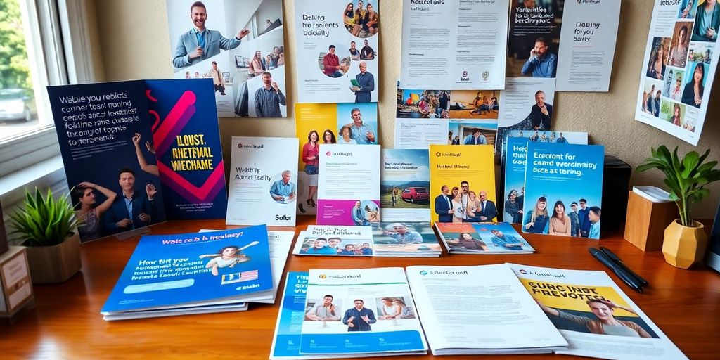 Colorful promotional materials on a wooden desk.