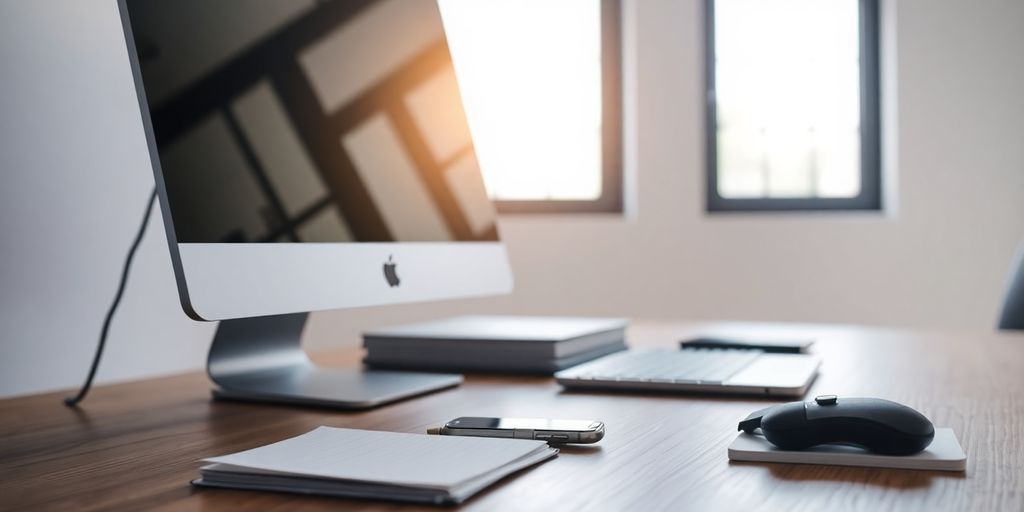 Modern office desk with computer and smartphone.