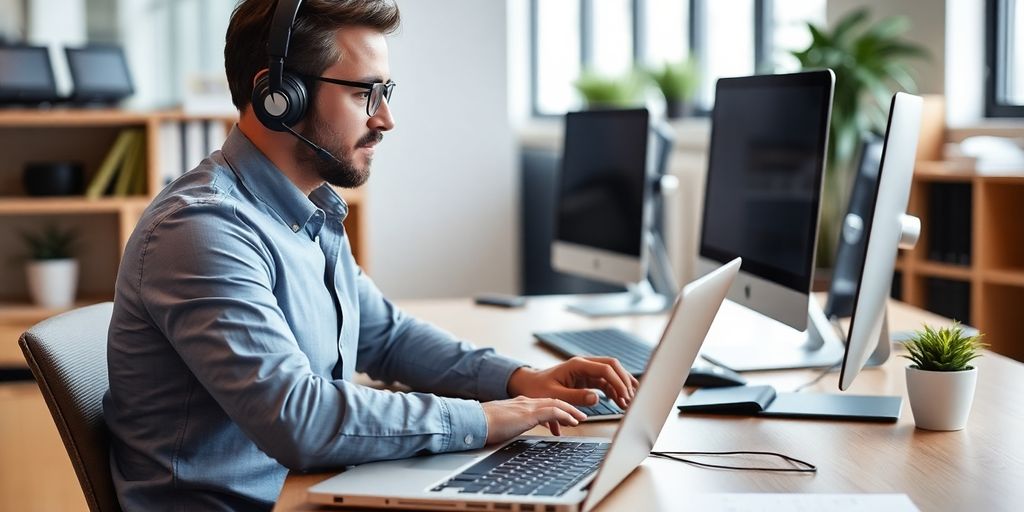 Person using laptop with headset in a modern office.