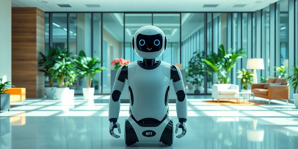 AI receptionist robot in a modern office setting.