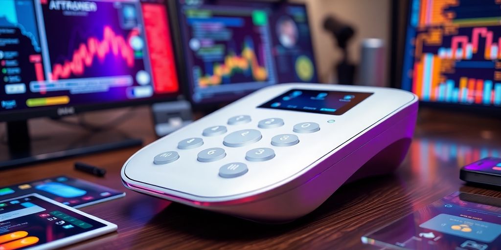 Sleek AI dialer device on a modern desk.