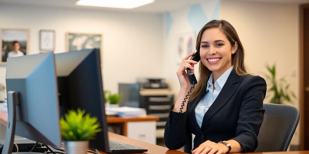 Smiling receptionist on a call in a modern office.