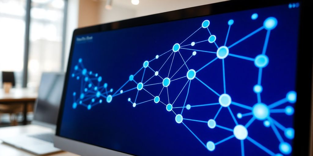 Computer screen with interconnected digital nodes.