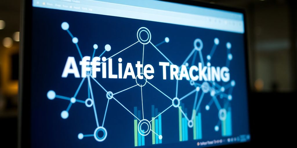 Computer screen with digital nodes representing affiliate tracking.