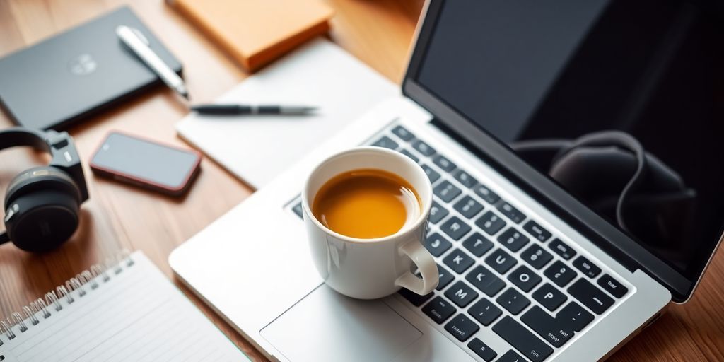 Laptop and coffee cup on a desk with gadgets.