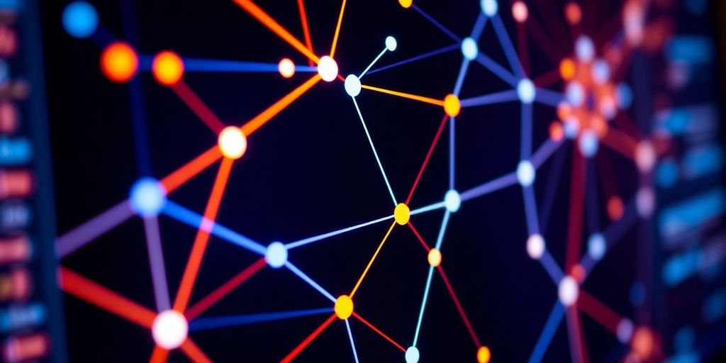 Close-up of a computer screen with digital nodes.