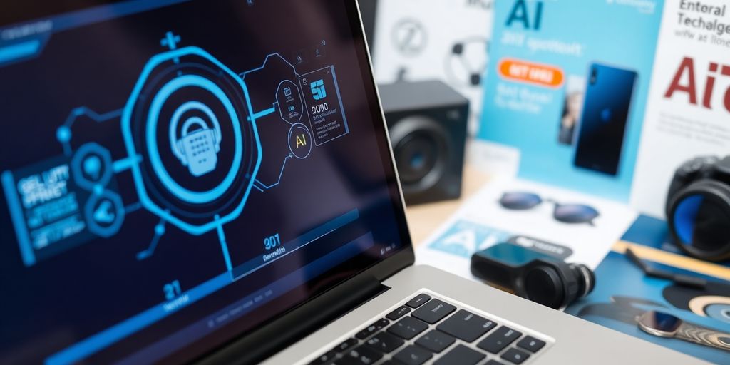 Laptop with AI interface and tech gadgets.