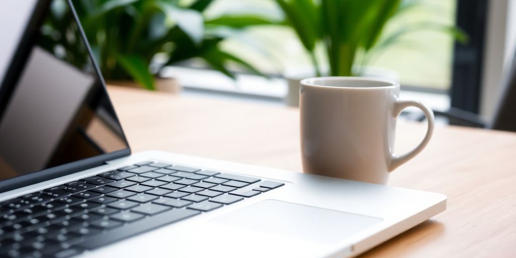 Laptop and coffee cup in a modern workspace.