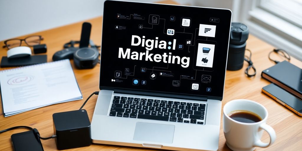 Laptop on desk with tech gadgets and coffee.