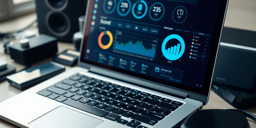 Laptop with digital dashboard and tech gadgets.