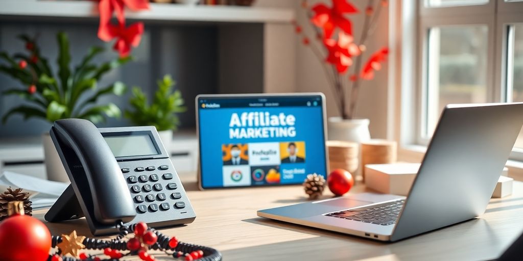 Modern office with phone setup and seasonal decorations.