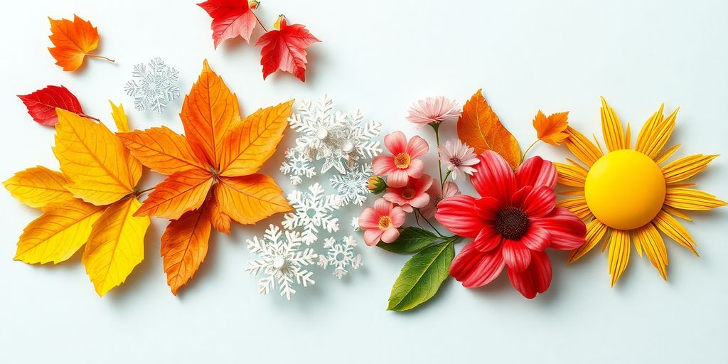 Collage of seasonal elements: leaves, snowflakes, flowers, sun.