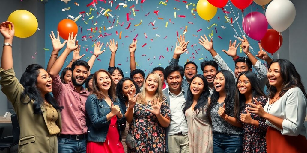 Diverse individuals celebrating with confetti and balloons.