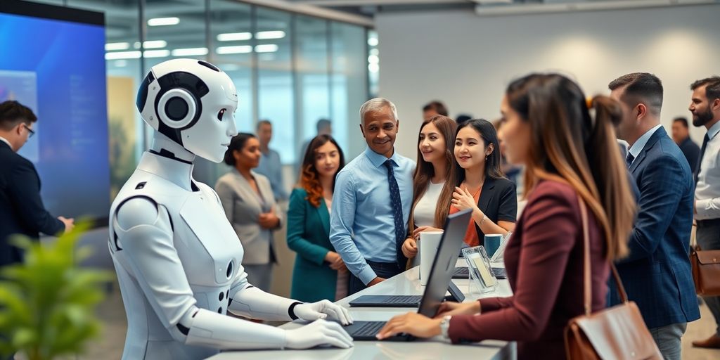 Modern AI receptionist in a busy office environment.