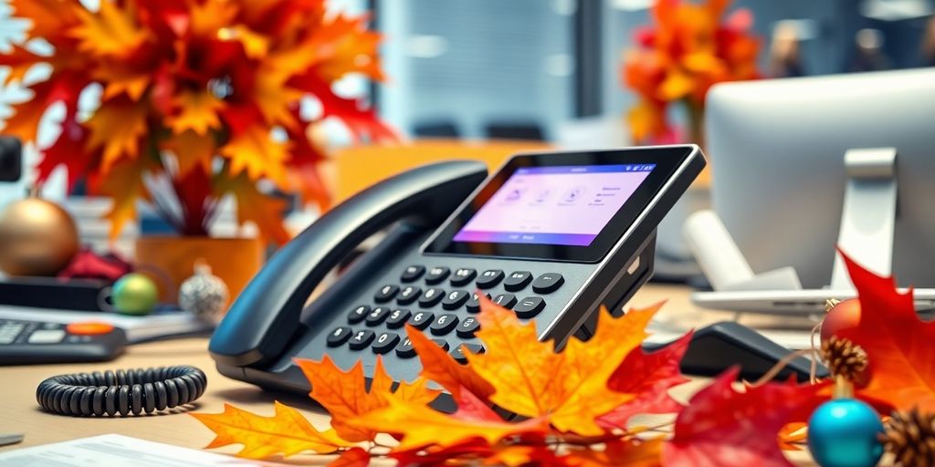 Modern phone on a desk with seasonal decorations.