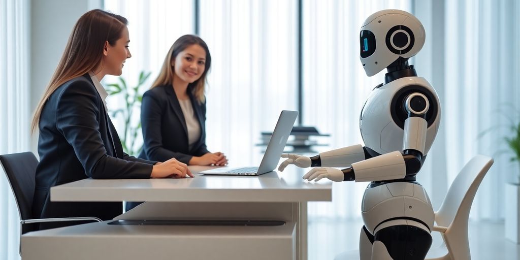 Modern office with AI receptionist and clients interacting.