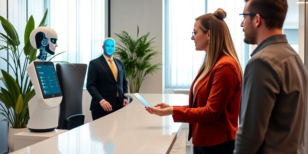 Modern AI receptionist in a bright office setting.