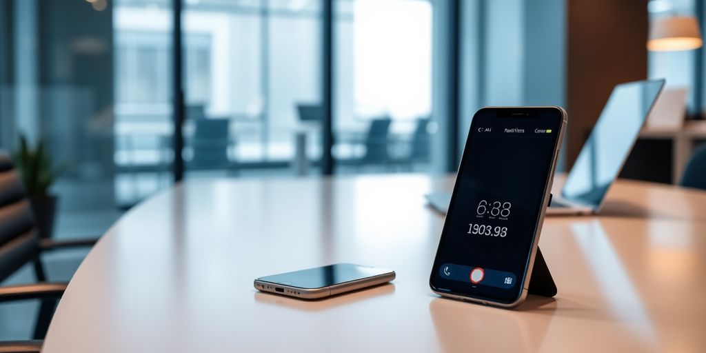 Modern office with smartphone and laptop setup.