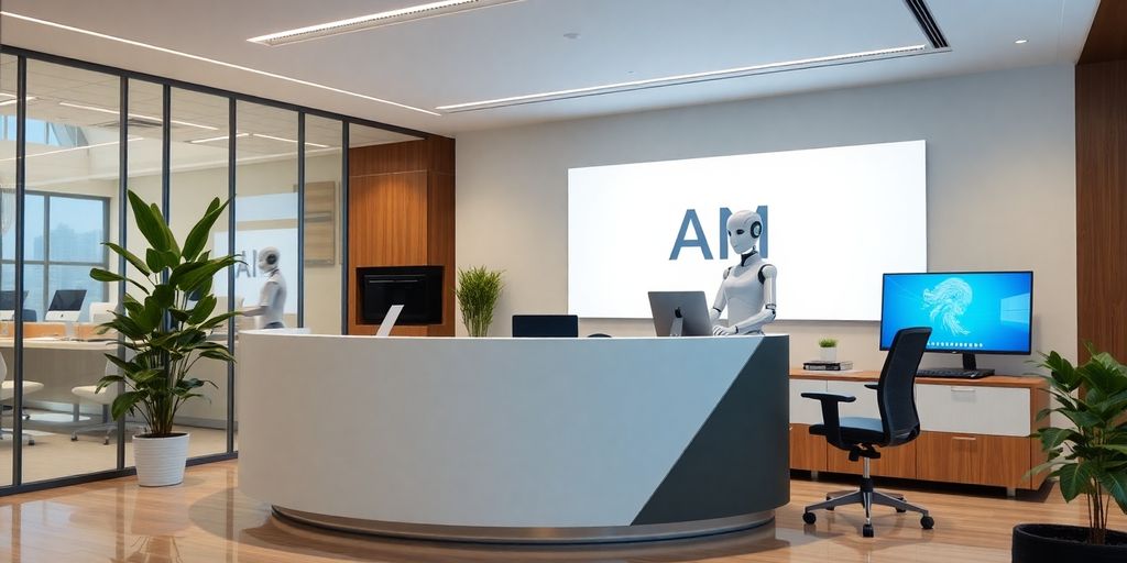 Modern office with AI receptionist at a sleek desk.