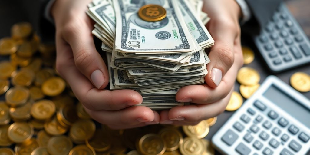 Hands holding cash and coins, representing financial rewards.