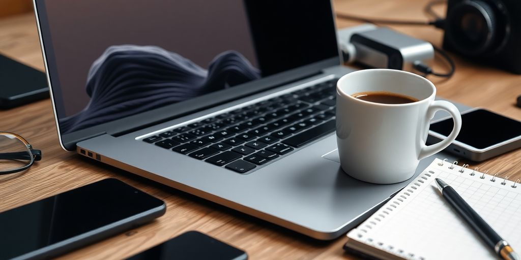 Laptop with coffee and tech gadgets on a desk.