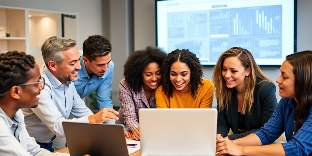 Diverse team working together on ethical AI technology.