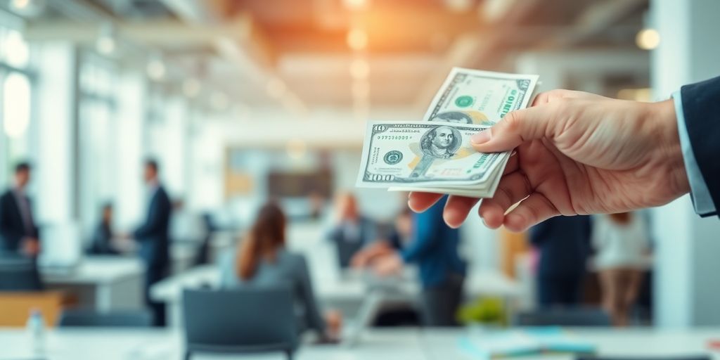 Hands exchanging money in a busy office setting.