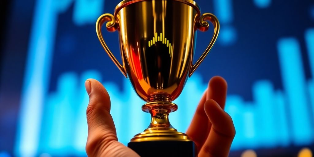 Hand holding a golden trophy with a blurred background.