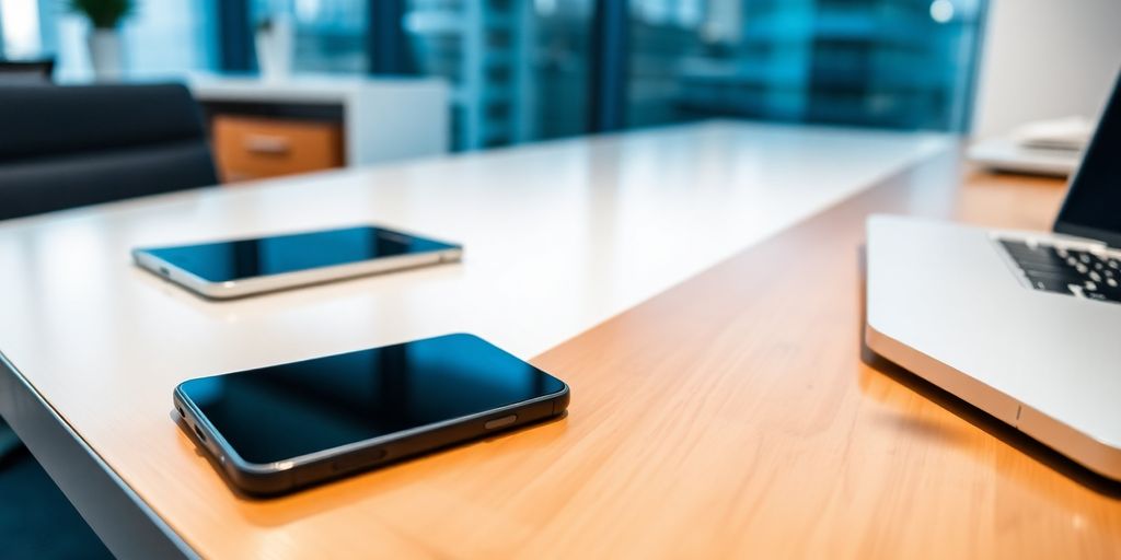 Modern office with smartphone and laptop on desk.