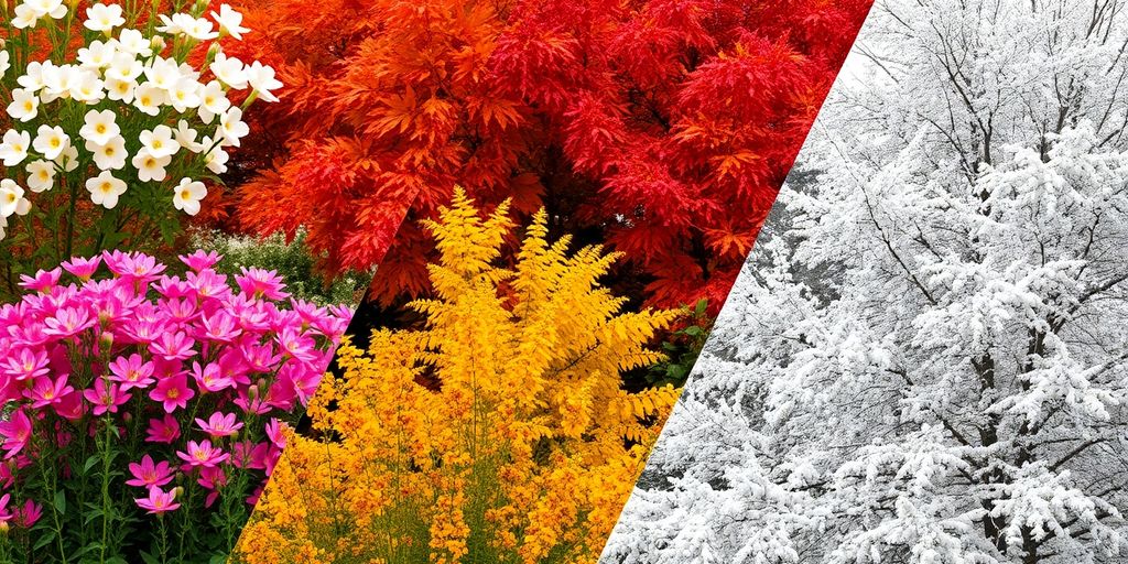 Seasonal landscape with flowers, leaves, and snow-covered trees.