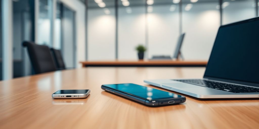 Modern office with smartphone and laptop on desk.