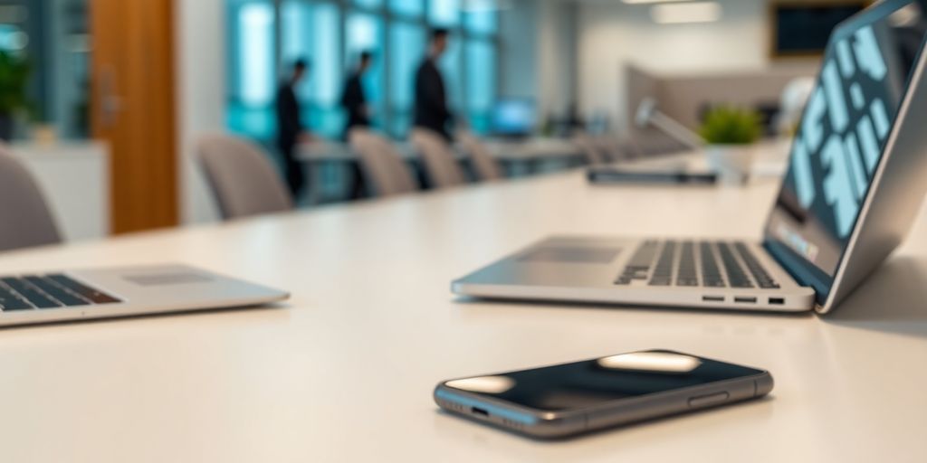 Modern office with smartphone and laptop on desk.
