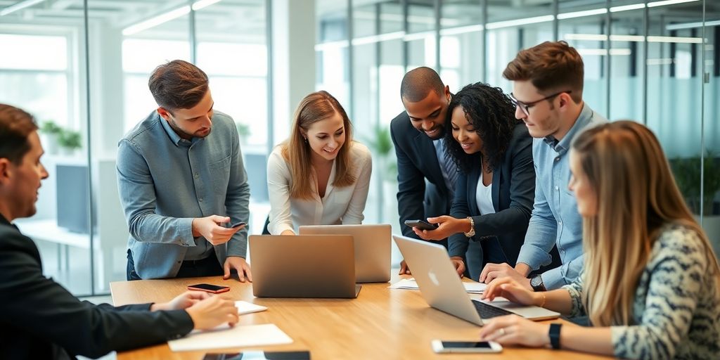 Professionals collaborating in a modern office environment.