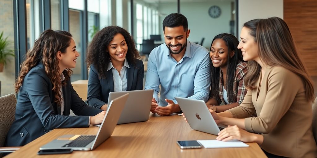 Group of professionals discussing AI phone technology.