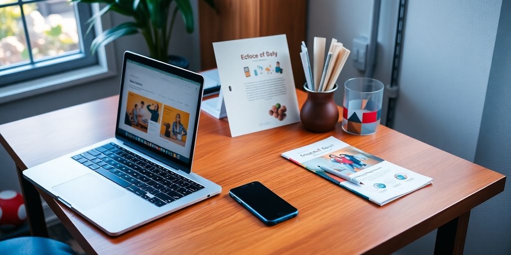 Workspace with laptop and smartphone on wooden desk.