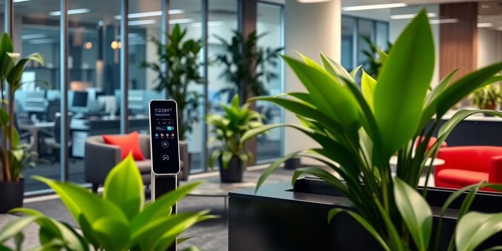 Modern AI receptionist in a stylish office environment.