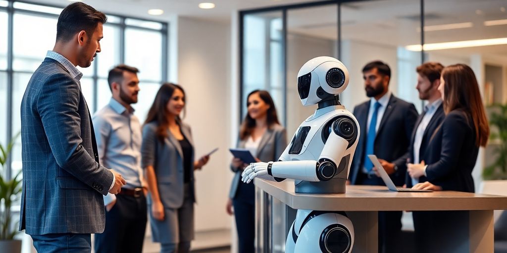 AI receptionist robot in a modern office with professionals.