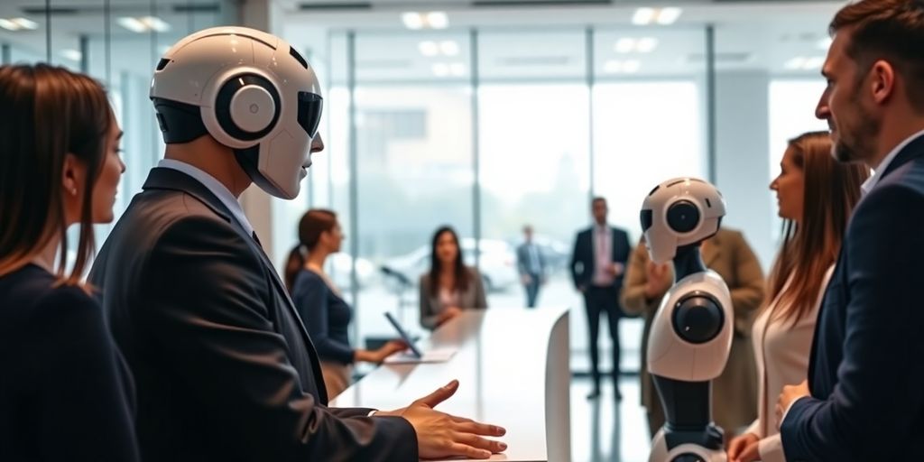 AI receptionist robot in a modern office setting.