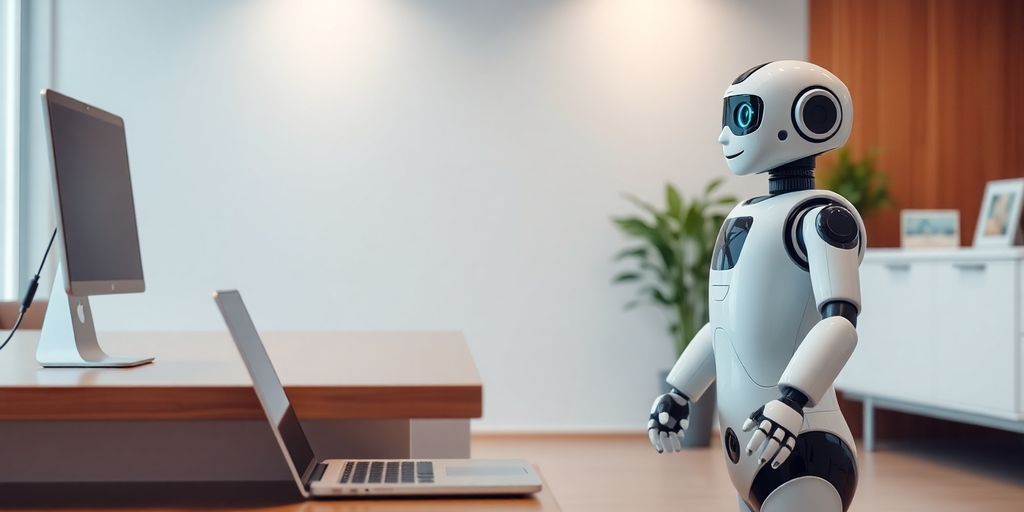 Modern office with AI receptionist and laptop.