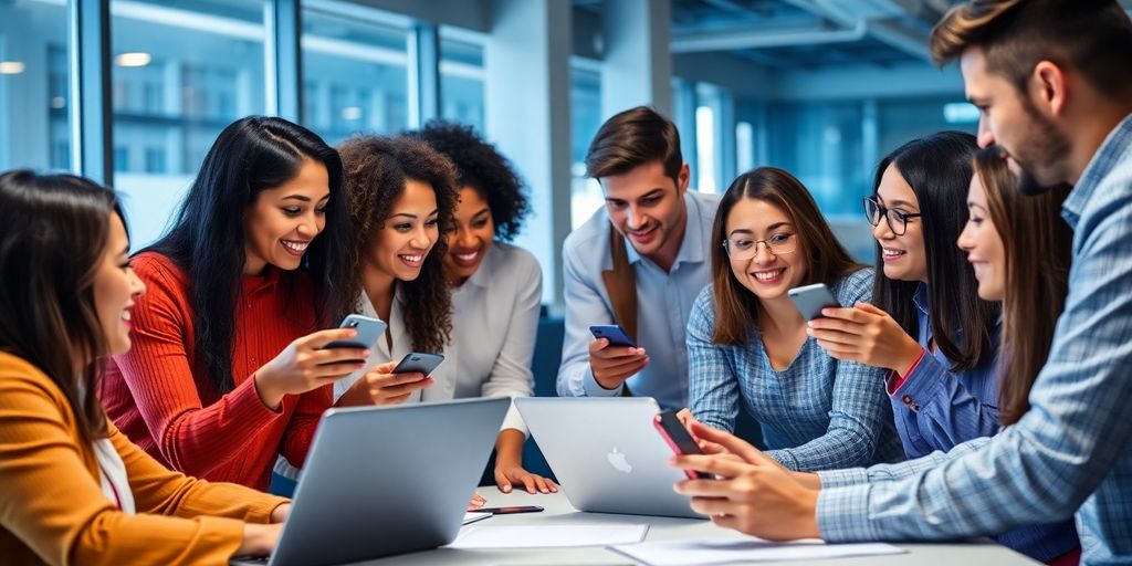 Diverse professionals collaborating in a modern office setting.