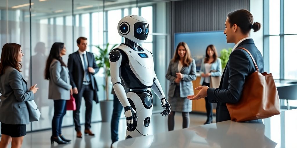 AI receptionist robot in a modern office with clients.