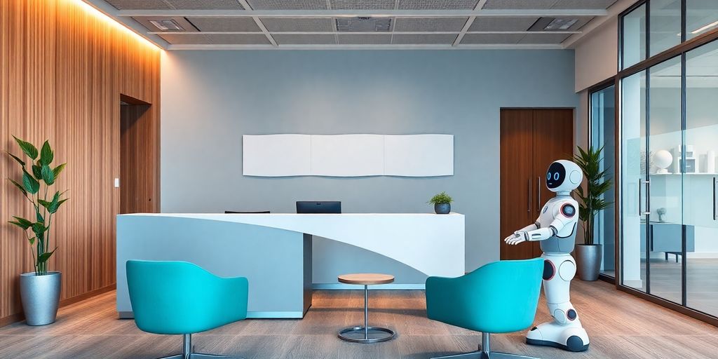 Modern office reception with AI assistant robot.