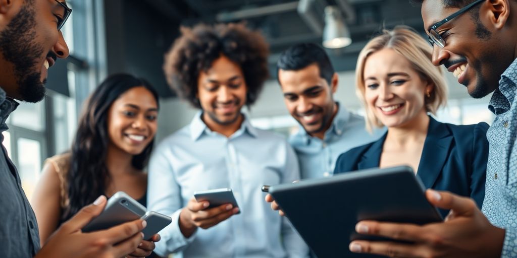Diverse group discussing technology in a modern environment.
