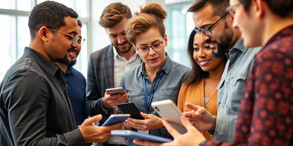 Diverse group discussing technology in a modern environment.