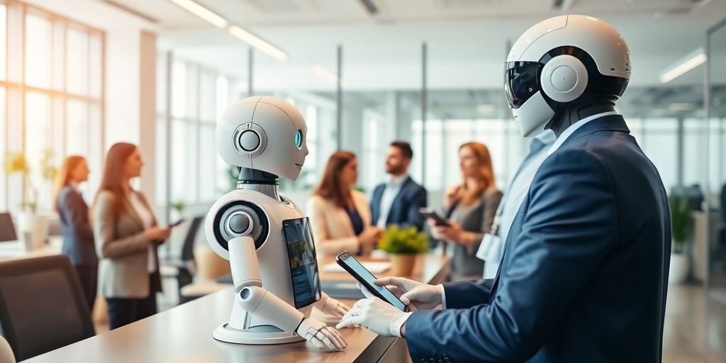 AI receptionist robot in a modern office setting.