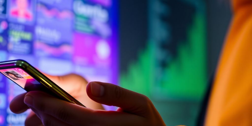 Person using smartphone with digital elements in background.