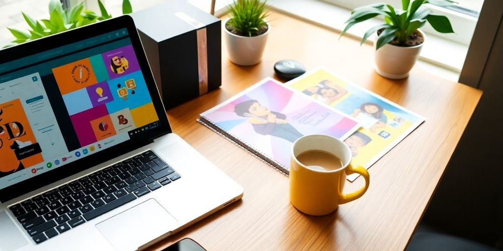 Workspace with laptop, promotional materials, and coffee cup.