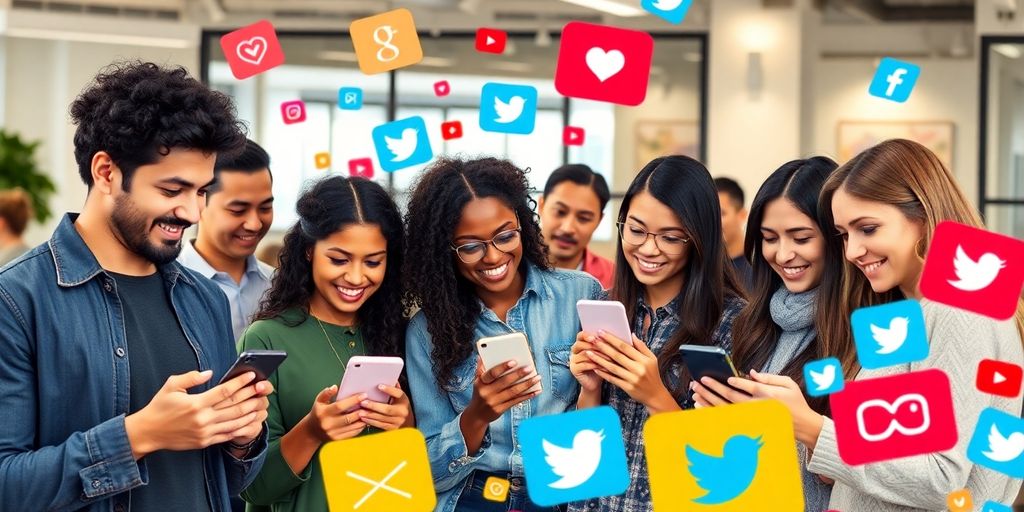 Diverse influencers using smartphones in a modern office setting.